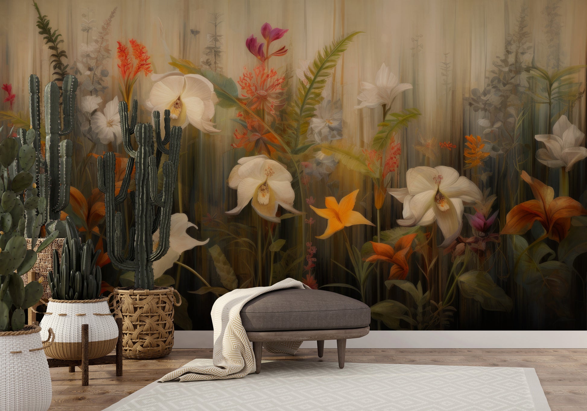 Wzór fototapety o nazwie Exotic Garden Serenity pokazanej w kontekście pomieszczenia.