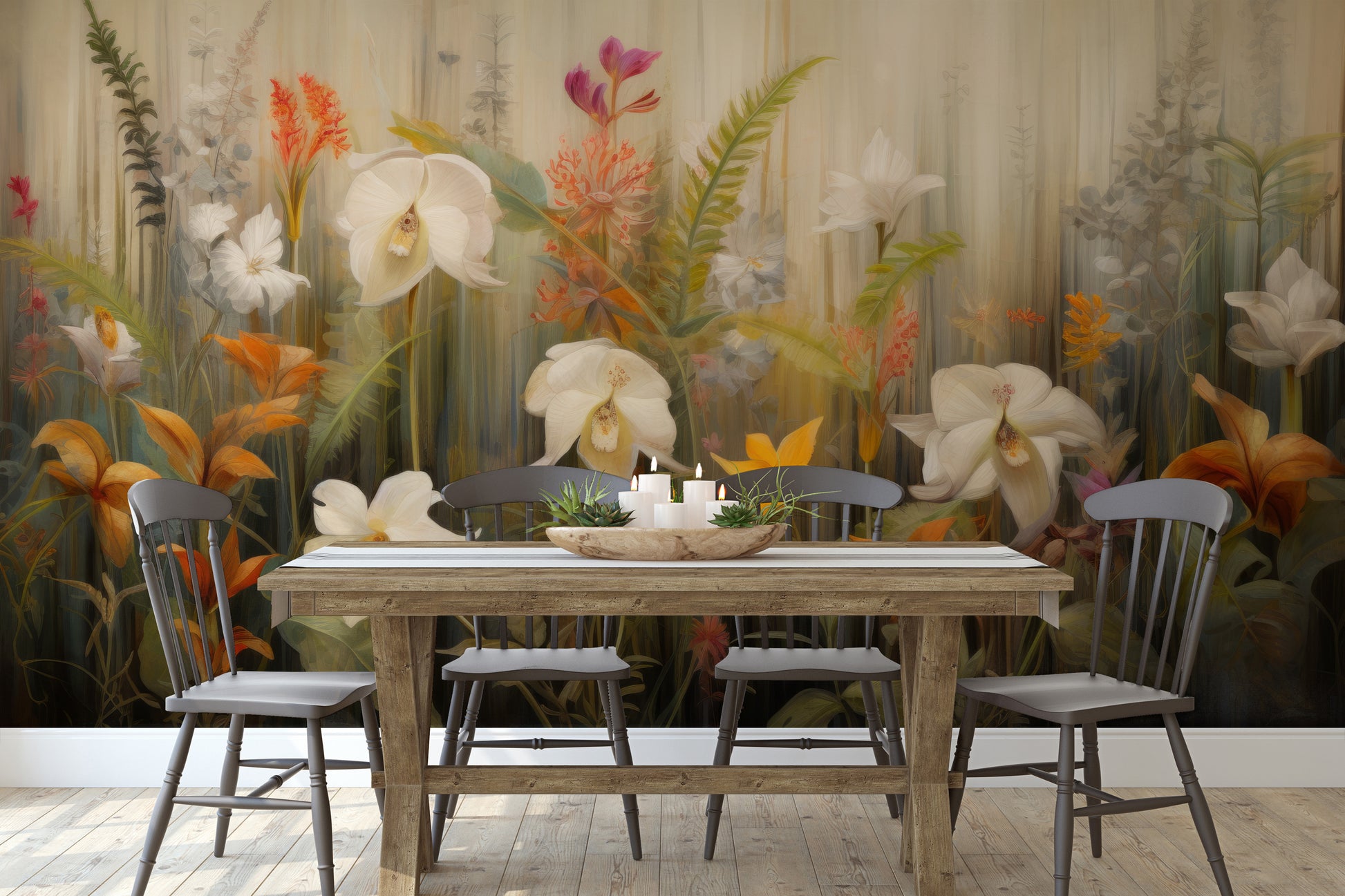 Fototapeta malowana o nazwie Exotic Garden Serenity pokazana w aranżacji wnętrza.