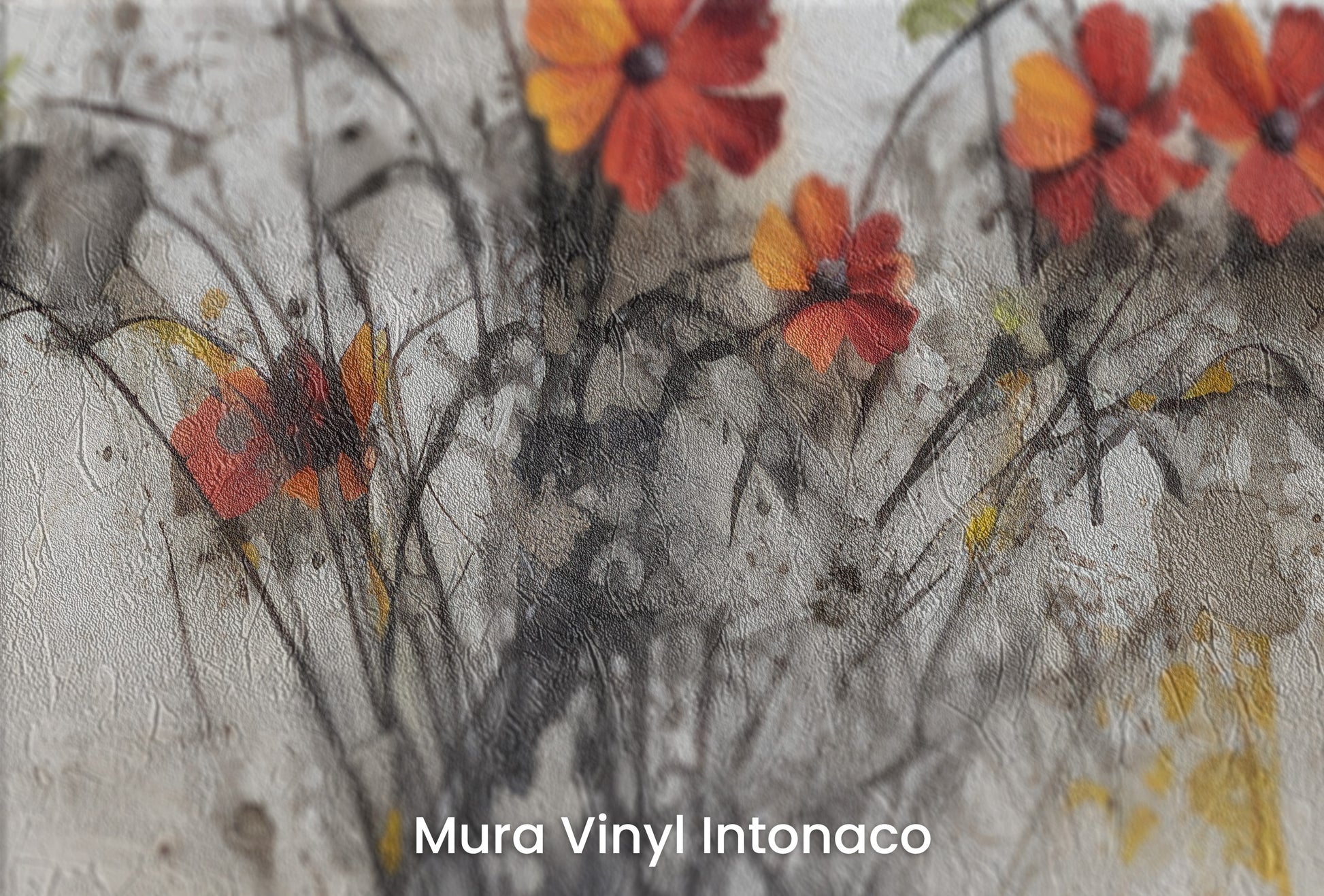 Zbliżenie na artystyczną fototapetę o nazwie SUNSET FLORAL FUSION na podłożu Mura Vinyl Intonaco - struktura tartego tynku.