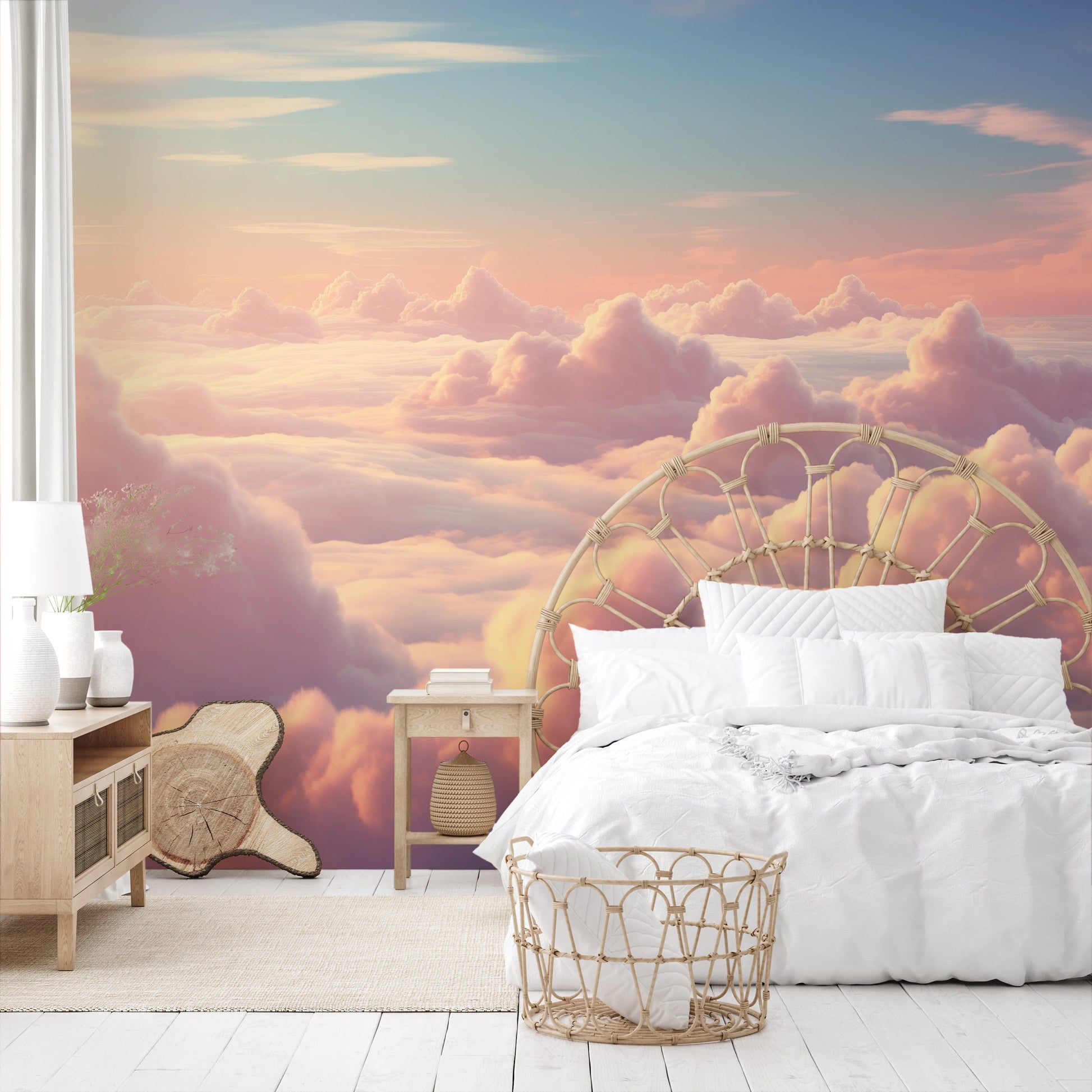 Wzór fototapety artystycznej o nazwie Heavenly Dawn pokazanej w aranżacji wnętrza.
