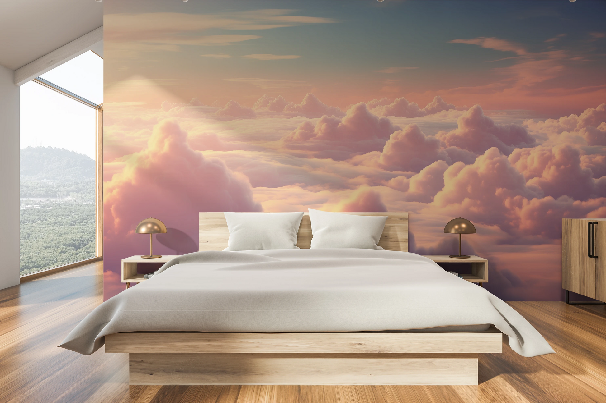 Wzór fototapety o nazwie Heavenly Dawn pokazanej w kontekście pomieszczenia.