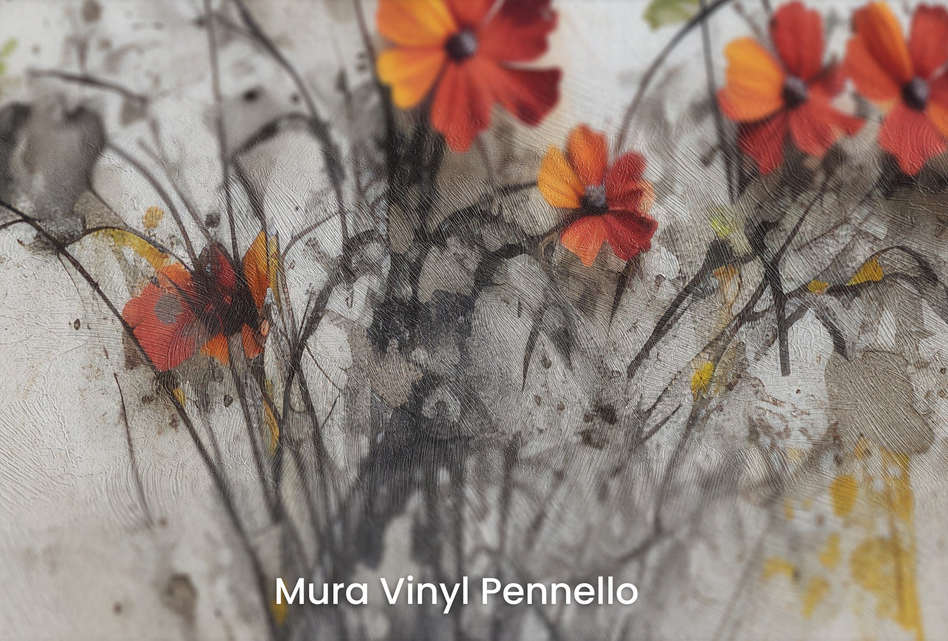 Zbliżenie na artystyczną fototapetę o nazwie SUNSET FLORAL FUSION na podłożu Mura Vinyl Pennello - faktura pociągnięć pędzla malarskiego.