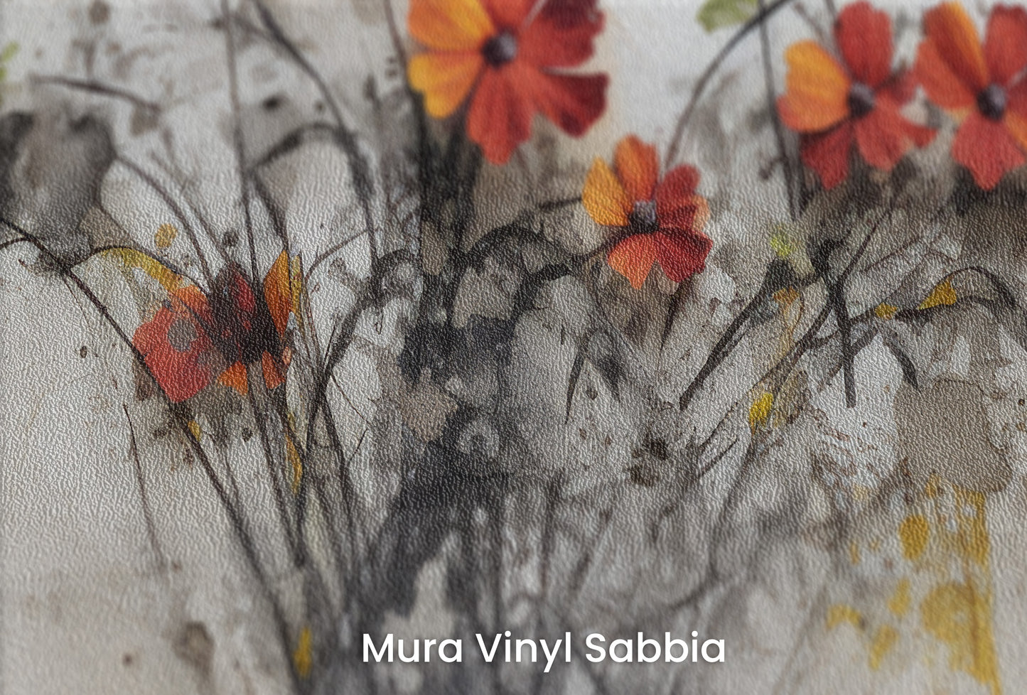 Zbliżenie na artystyczną fototapetę o nazwie SUNSET FLORAL FUSION na podłożu Mura Vinyl Sabbia struktura grubego ziarna piasku.