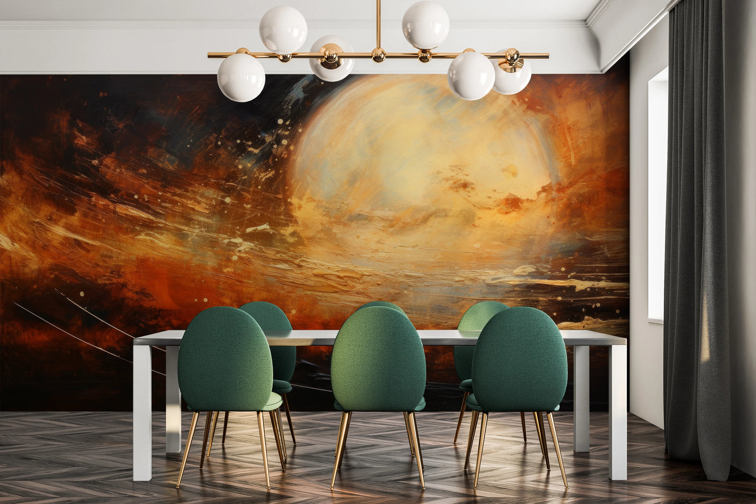 Wzór fototapety artystycznej o nazwie Saturn's Embrace pokazanej w aranżacji wnętrza.