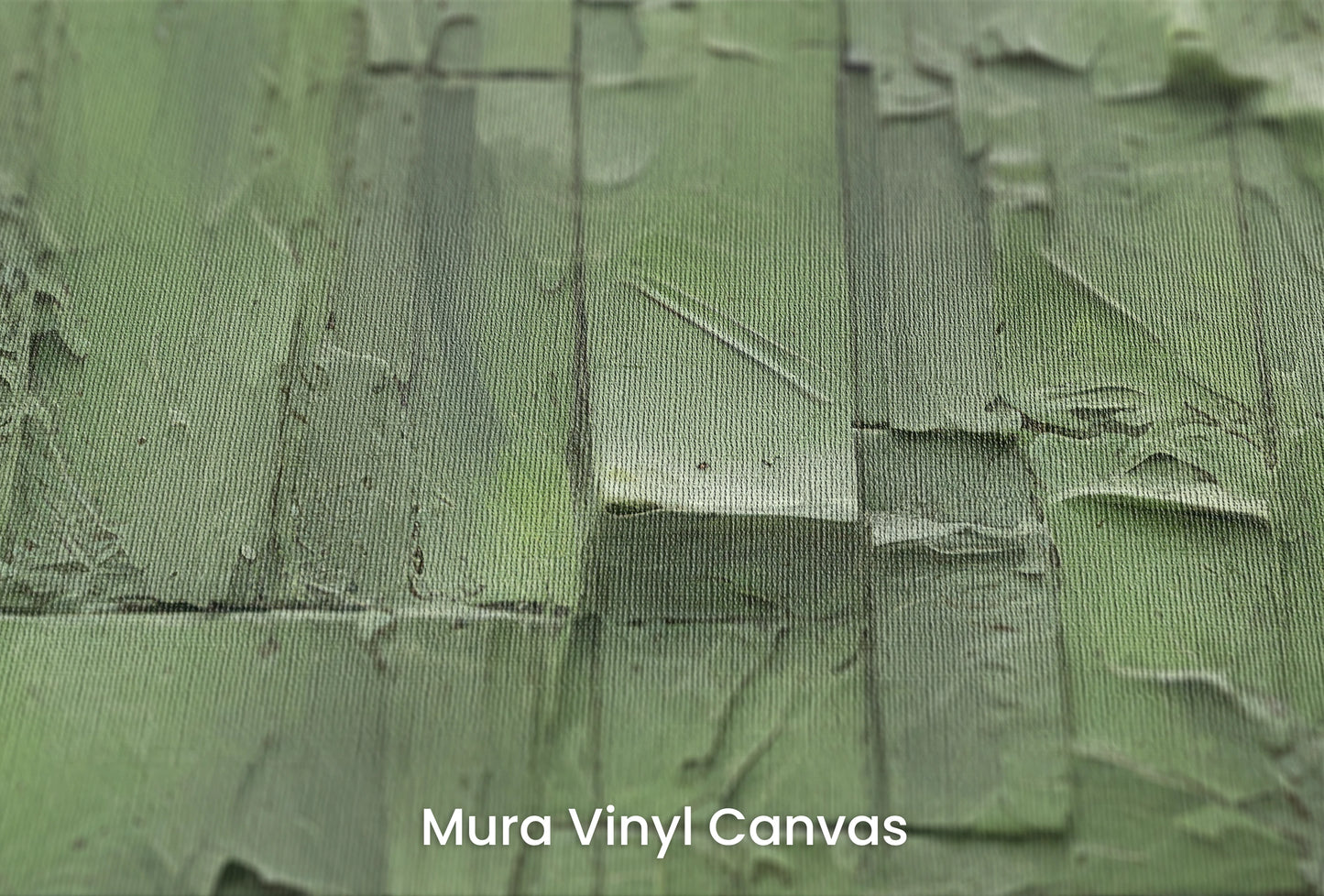 Zbliżenie na artystyczną fototapetę o nazwie Green Patchwork na podłożu Mura Vinyl Canvas - faktura naturalnego płótna.