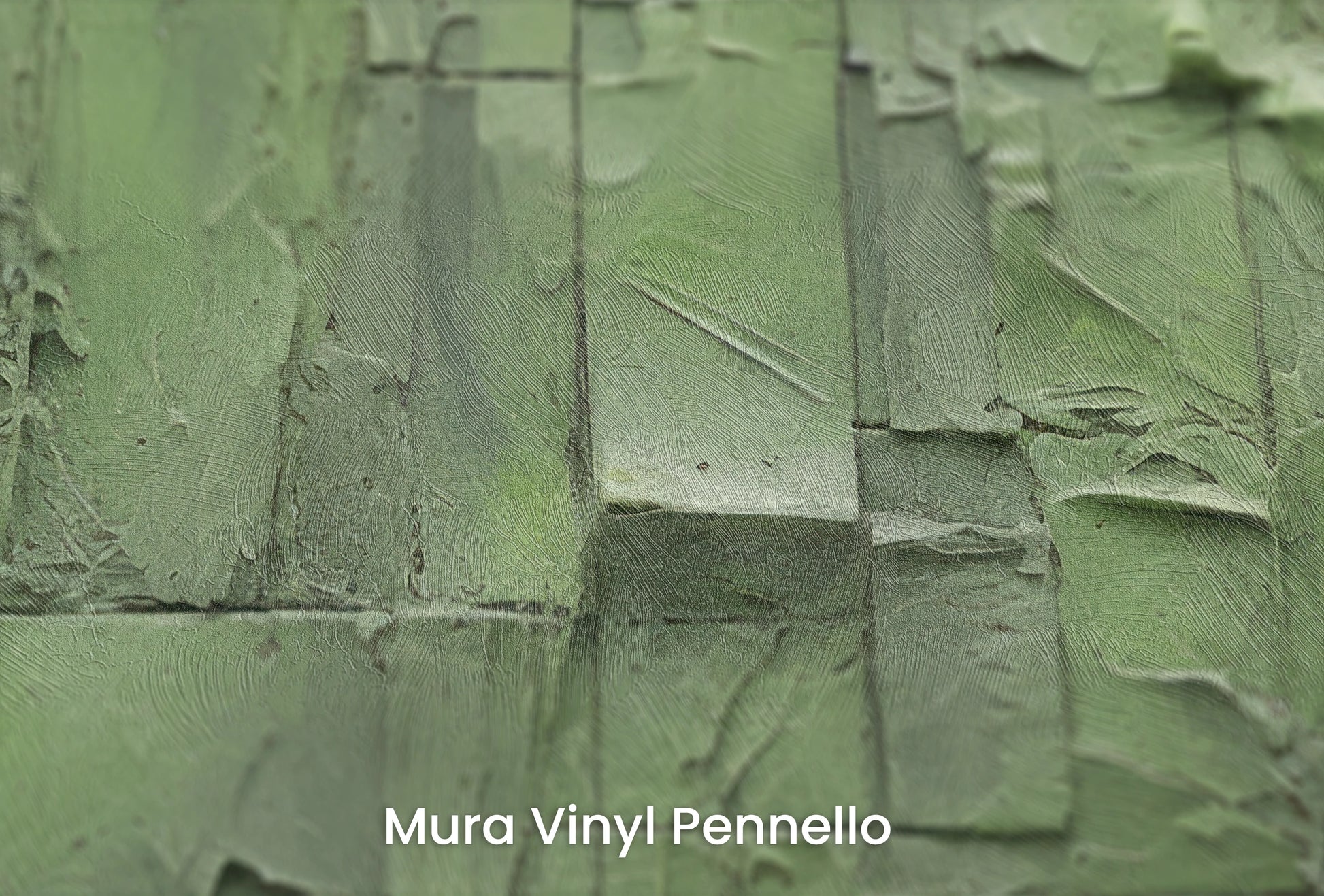 Zbliżenie na artystyczną fototapetę o nazwie Green Patchwork na podłożu Mura Vinyl Pennello - faktura pociągnięć pędzla malarskiego.