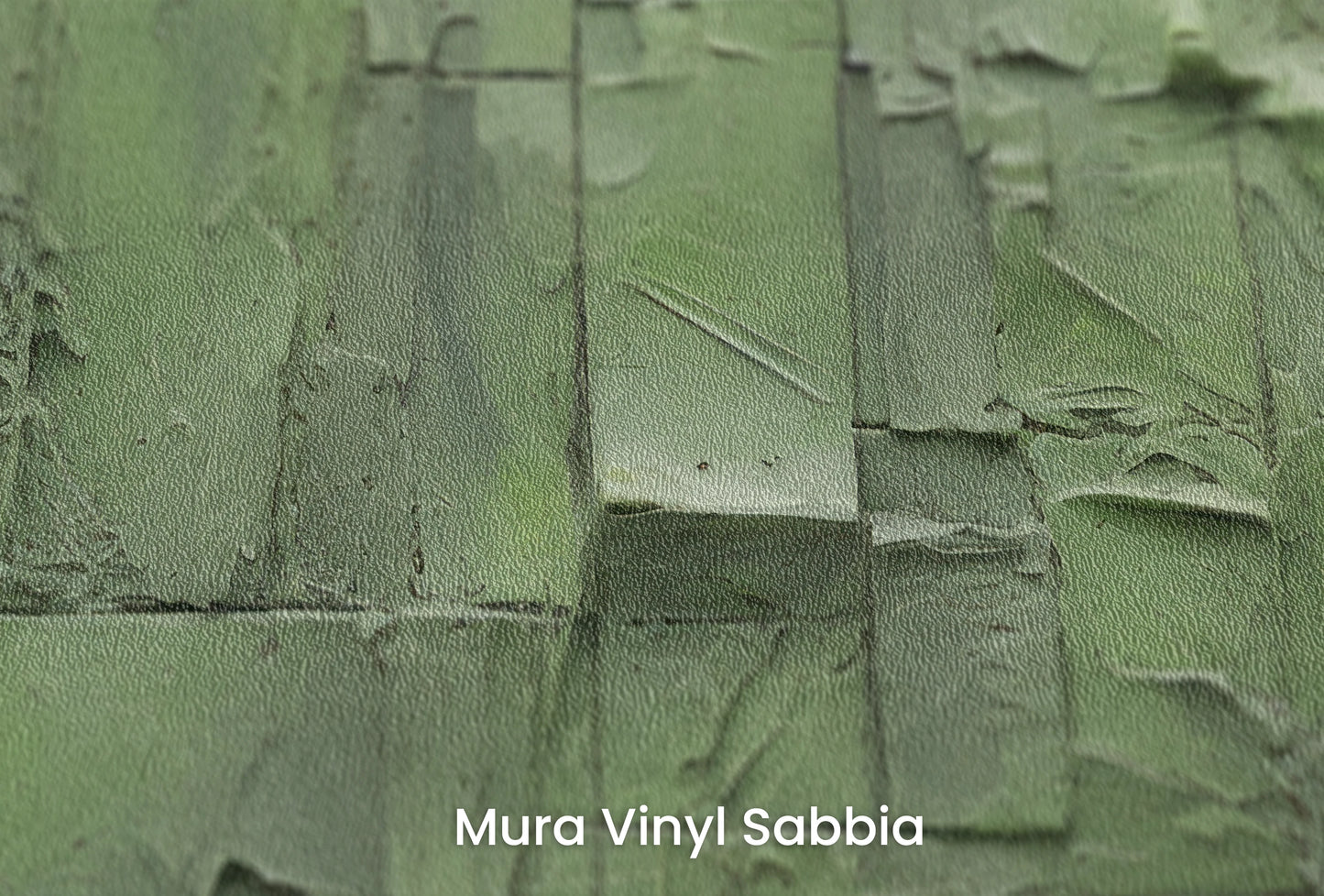 Zbliżenie na artystyczną fototapetę o nazwie Green Patchwork na podłożu Mura Vinyl Sabbia struktura grubego ziarna piasku.