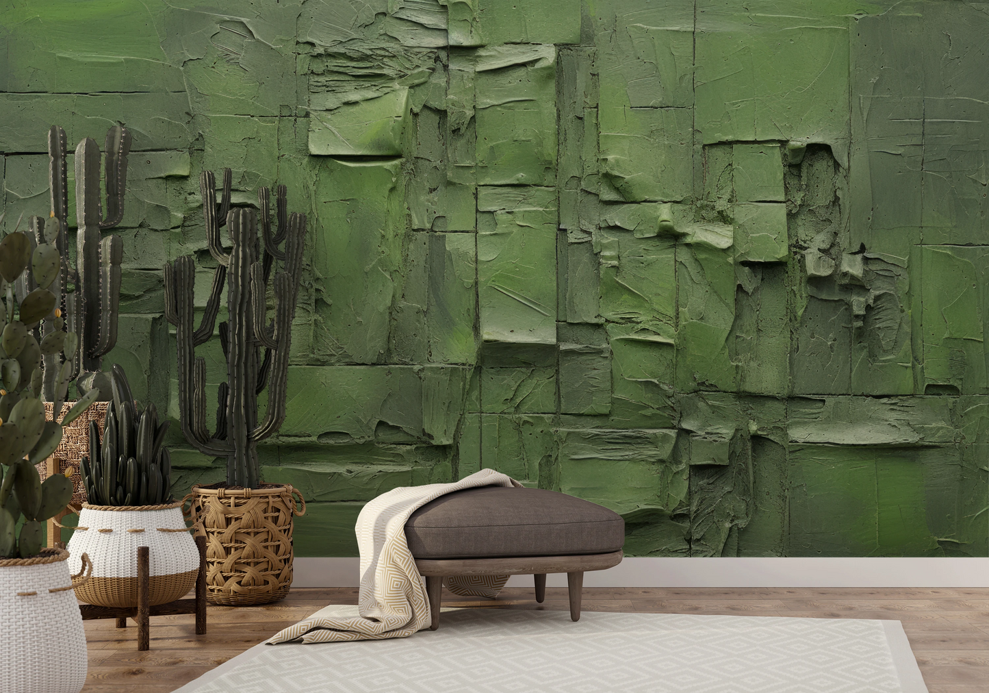 Wzór fototapety artystycznej o nazwie Green Patchwork pokazanej w aranżacji wnętrza.