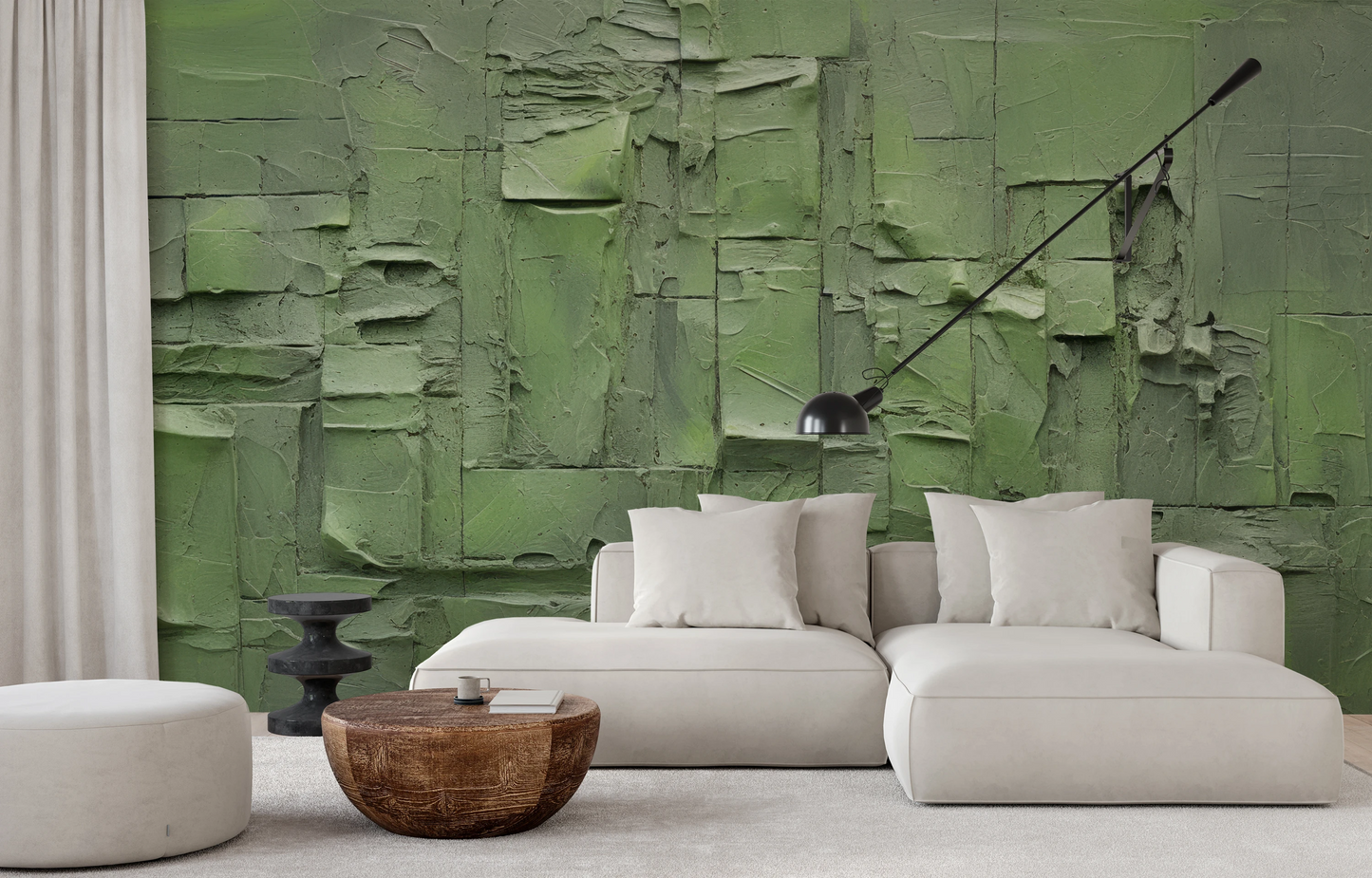 Fototapeta artystyczna o nazwie Green Patchwork pokazana w aranżacji wnętrza.