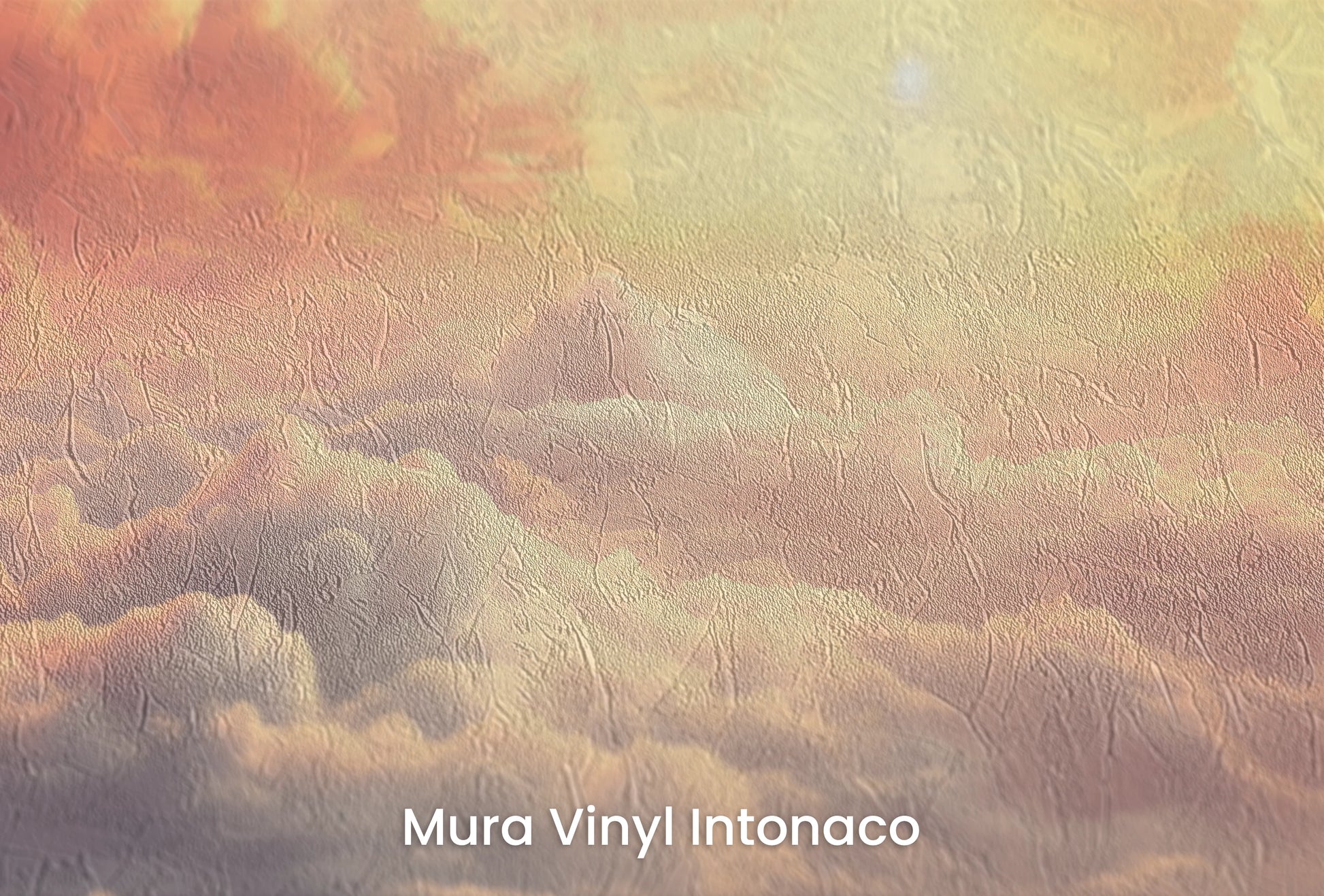 Zbliżenie na artystyczną fototapetę o nazwie Sunset Serenade na podłożu Mura Vinyl Intonaco - struktura tartego tynku.