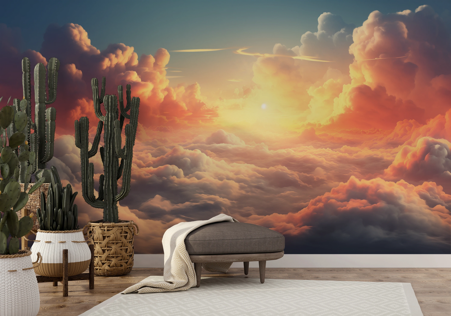 Wzór fototapety malowanej o nazwie Sunset Serenade pokazanej w aranżacji wnętrza.