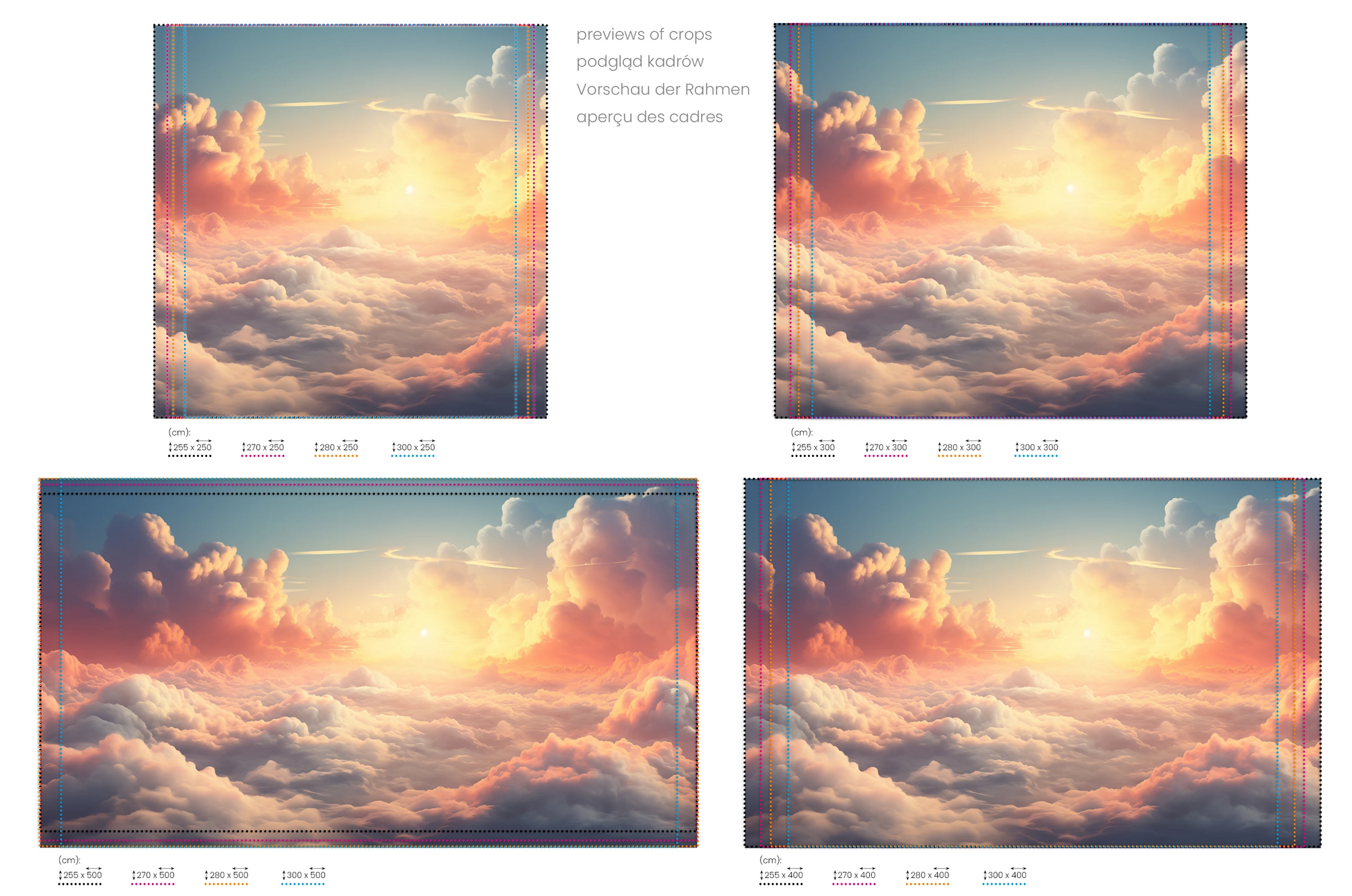 Na obrazie znajduje się prezentacja przykładowych rozmiarów fototapety o nazwie Sunset Serenade. Rozmiar fototapety jest dowolny.