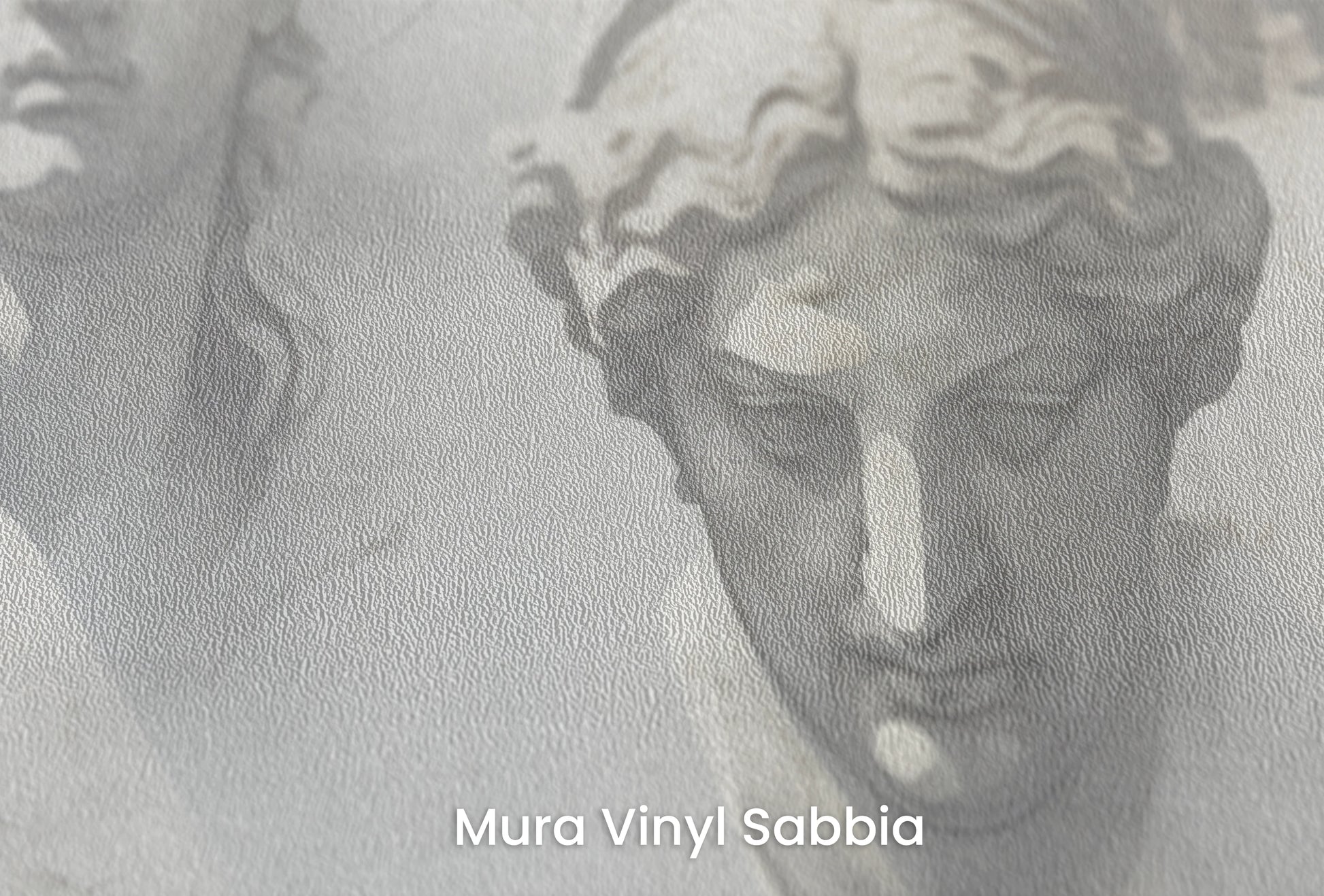 Zbliżenie na artystyczną fototapetę o nazwie The Muses' Grace na podłożu Mura Vinyl Sabbia struktura grubego ziarna piasku.