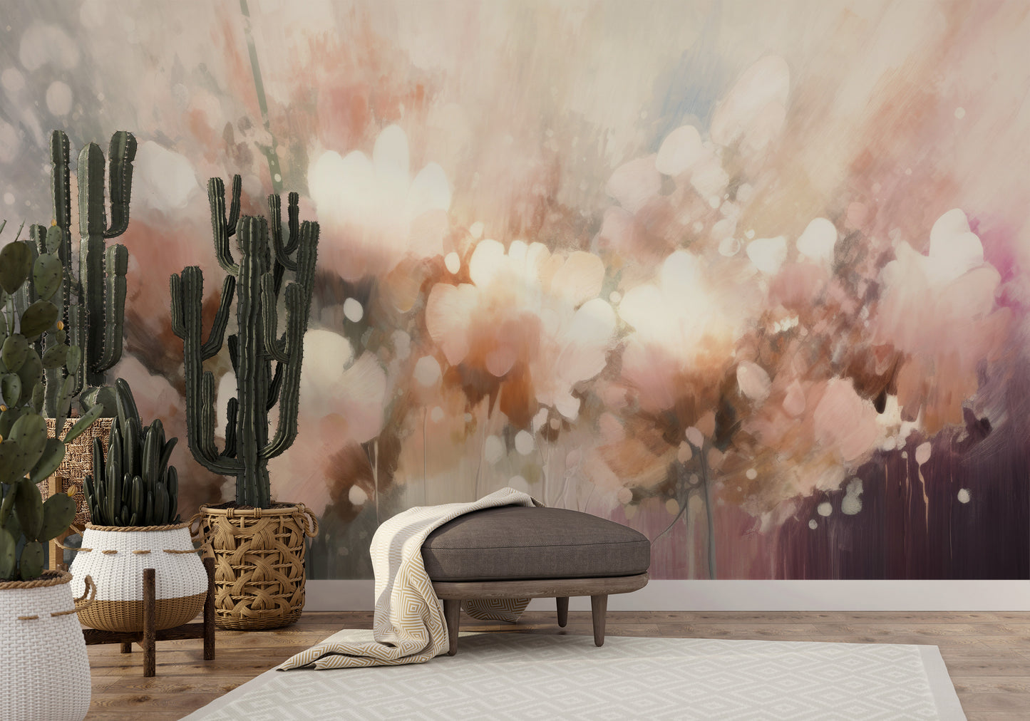 Wzór fototapety malowanej o nazwie Pastel Petal Dream pokazanej w aranżacji wnętrza.