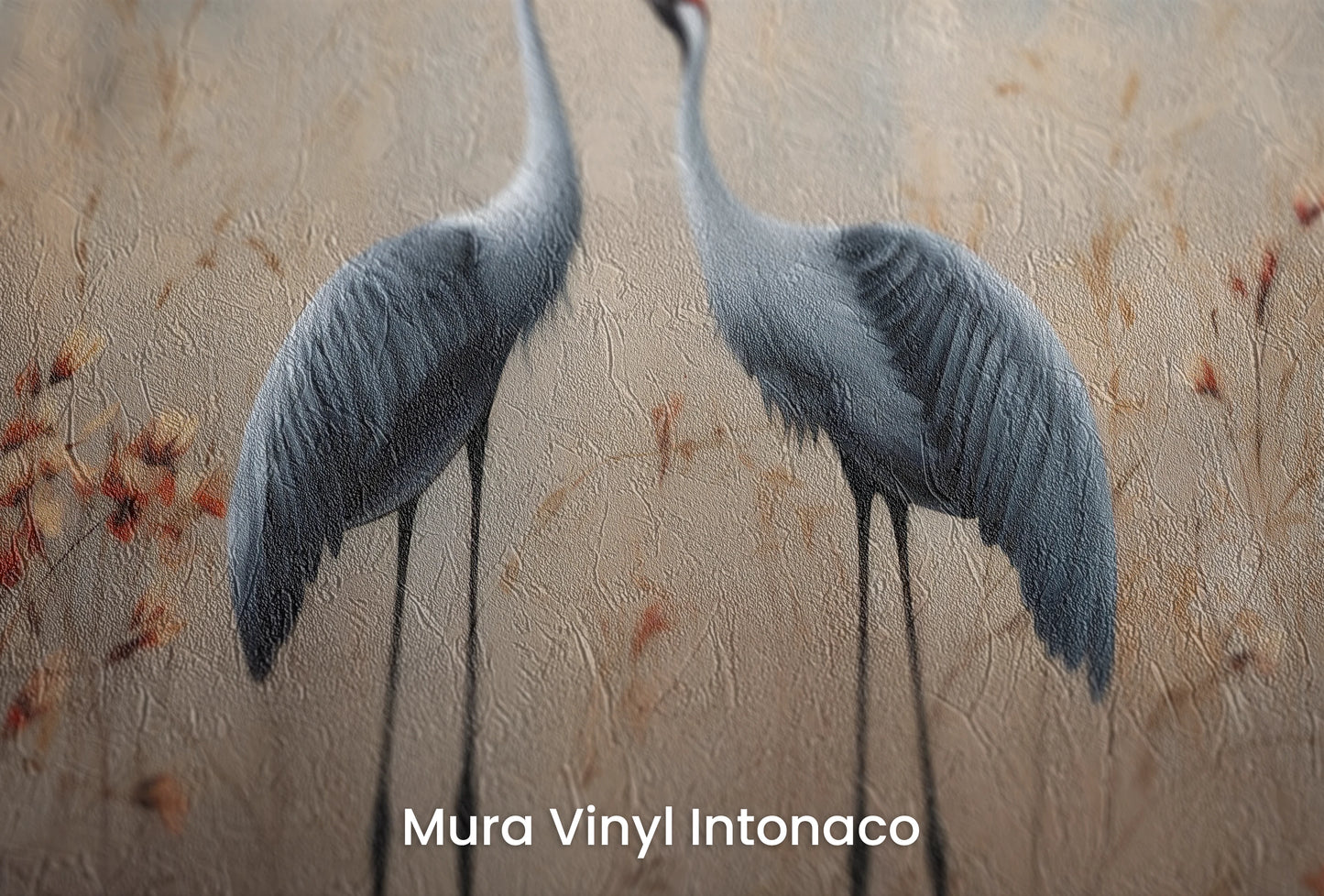 Zbliżenie na artystyczną fototapetę o nazwie Rustic Serenity na podłożu Mura Vinyl Intonaco - struktura tartego tynku.