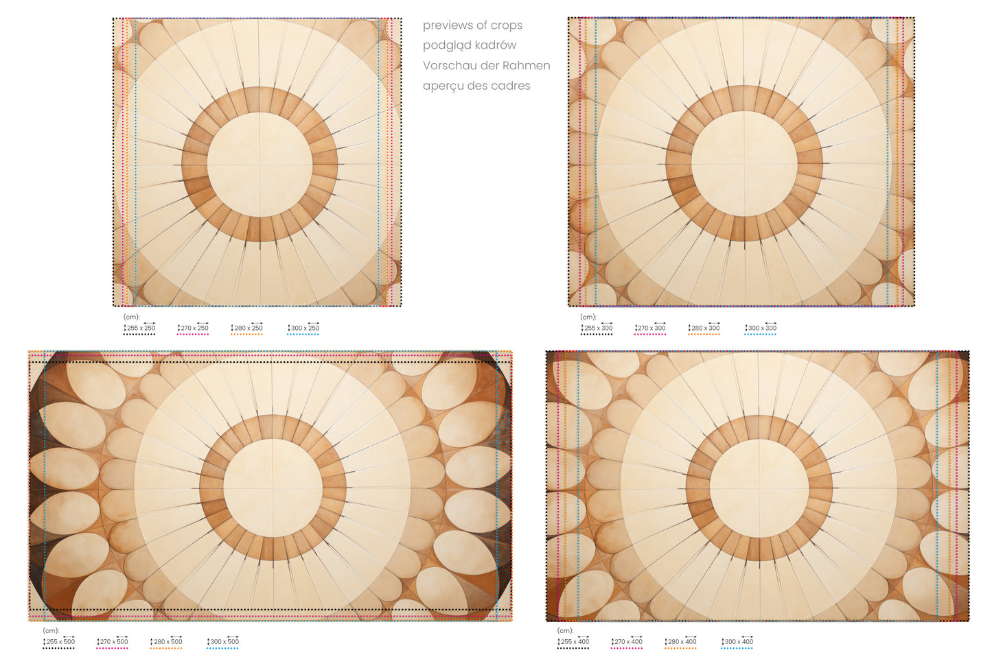 Na obrazie znajduje się prezentacja przykładowych rozmiarów fototapety o nazwie SUNBURST OVAL MOSAIC. Rozmiar fototapety jest dowolny.