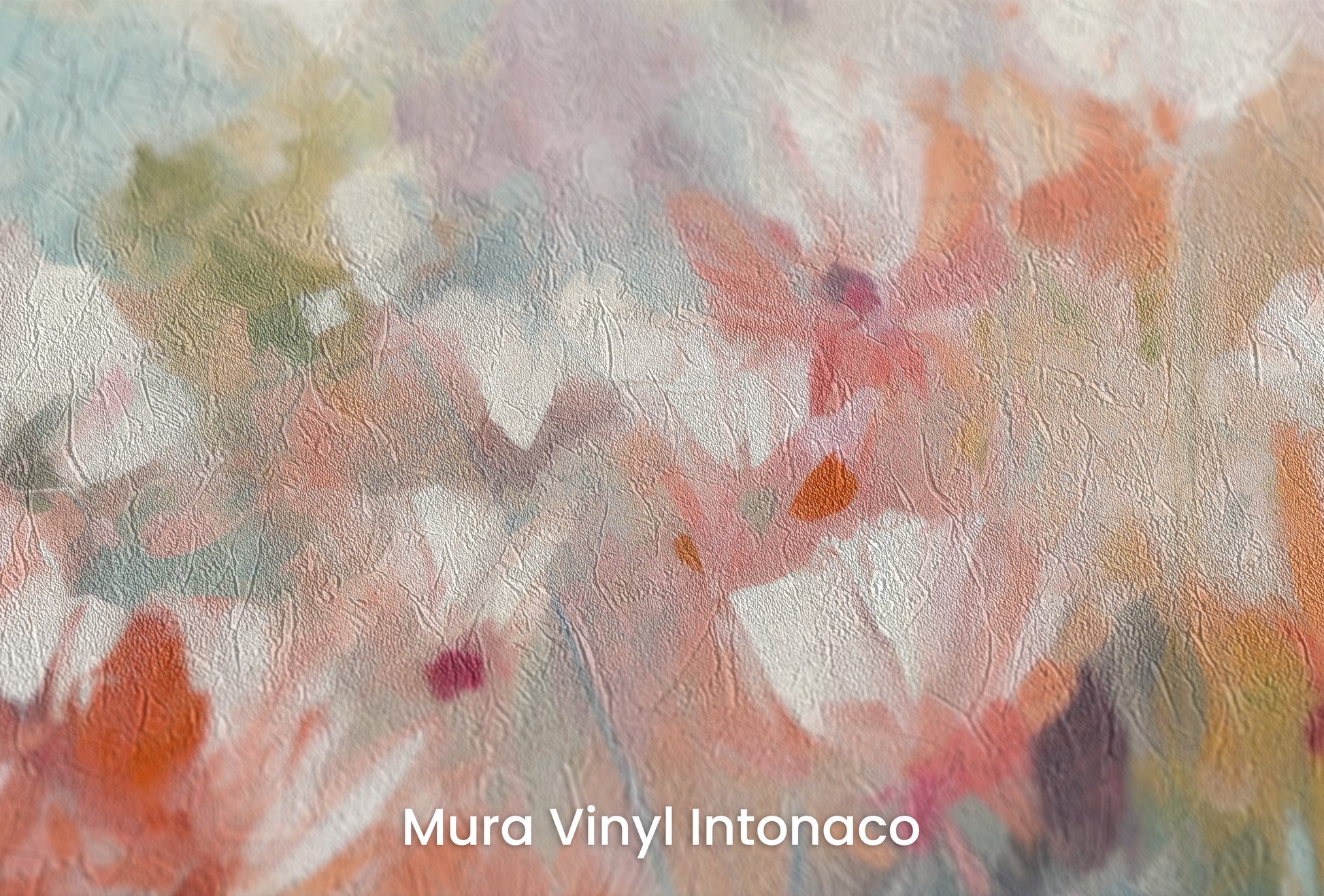 Zbliżenie na artystyczną fototapetę o nazwie Delicate Floral Hues na podłożu Mura Vinyl Intonaco - struktura tartego tynku.