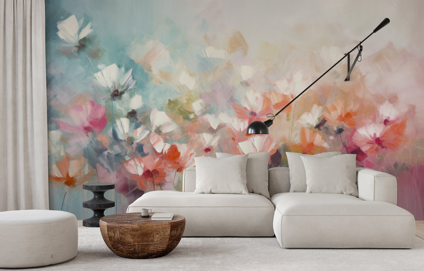 Wzór fototapety malowanej o nazwie Delicate Floral Hues pokazanej w aranżacji wnętrza.