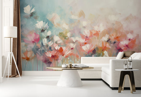 Wzór fototapety artystycznej o nazwie Delicate Floral Hues pokazanej w aranżacji wnętrza.
