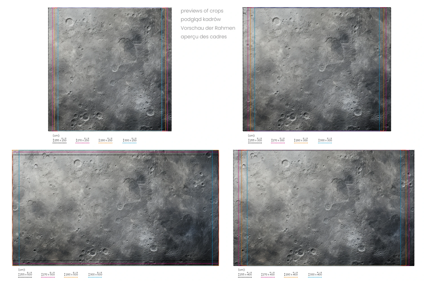 Na obrazie znajduje się prezentacja przykładowych rozmiarów fototapety o nazwie Monochrome Moon. Rozmiar fototapety jest dowolny.