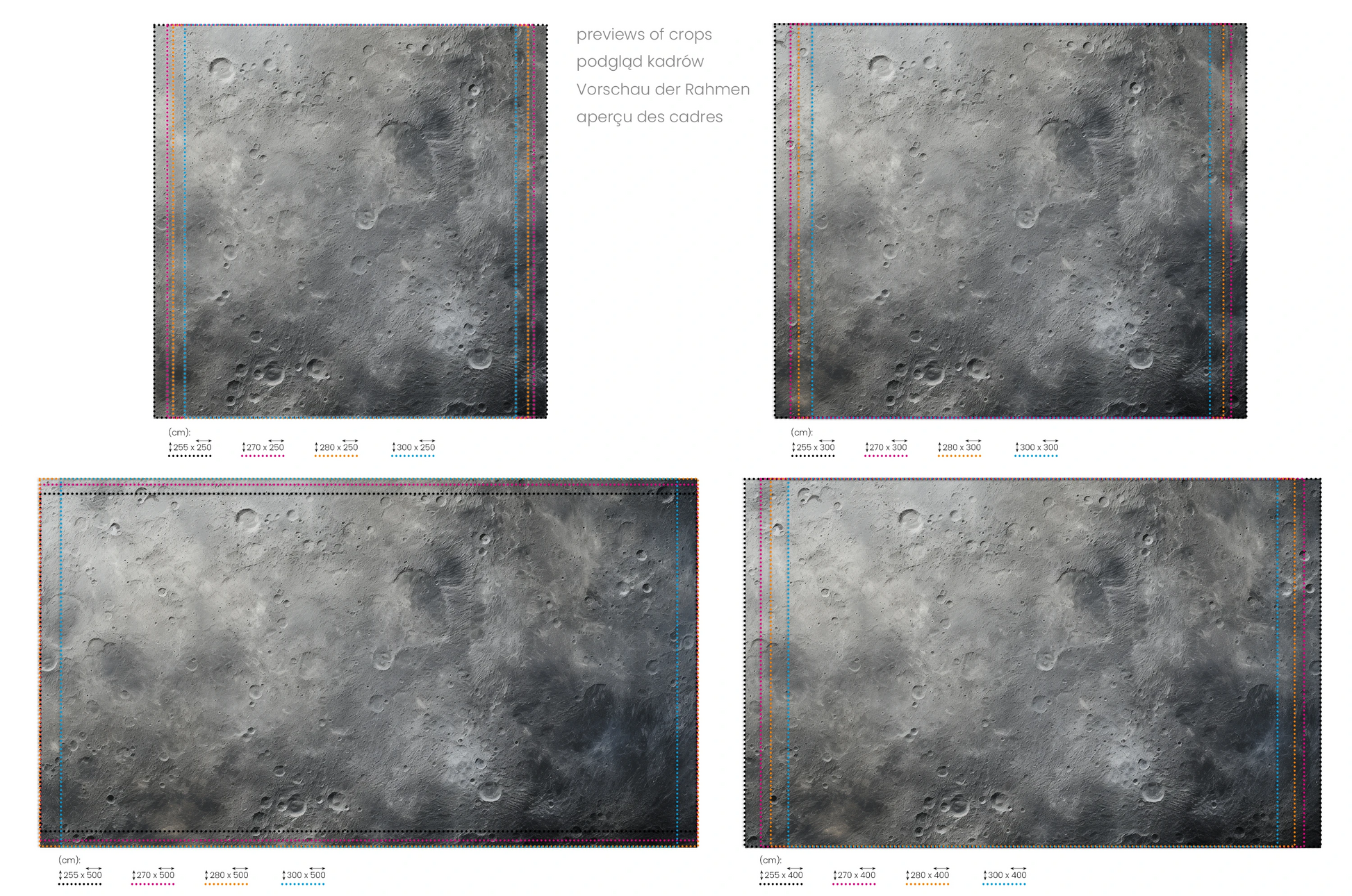 Na obrazie znajduje się prezentacja przykładowych rozmiarów fototapety o nazwie Monochrome Moon. Rozmiar fototapety jest dowolny.
