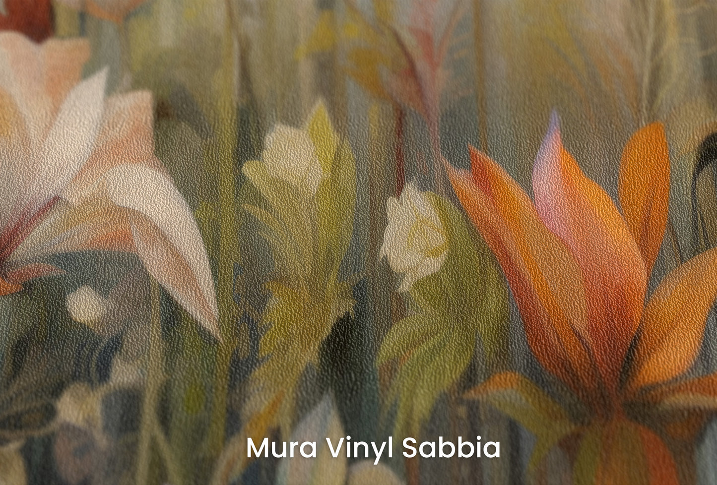 Zbliżenie na artystyczną fototapetę o nazwie Wildflower Harmony na podłożu Mura Vinyl Sabbia struktura grubego ziarna piasku.