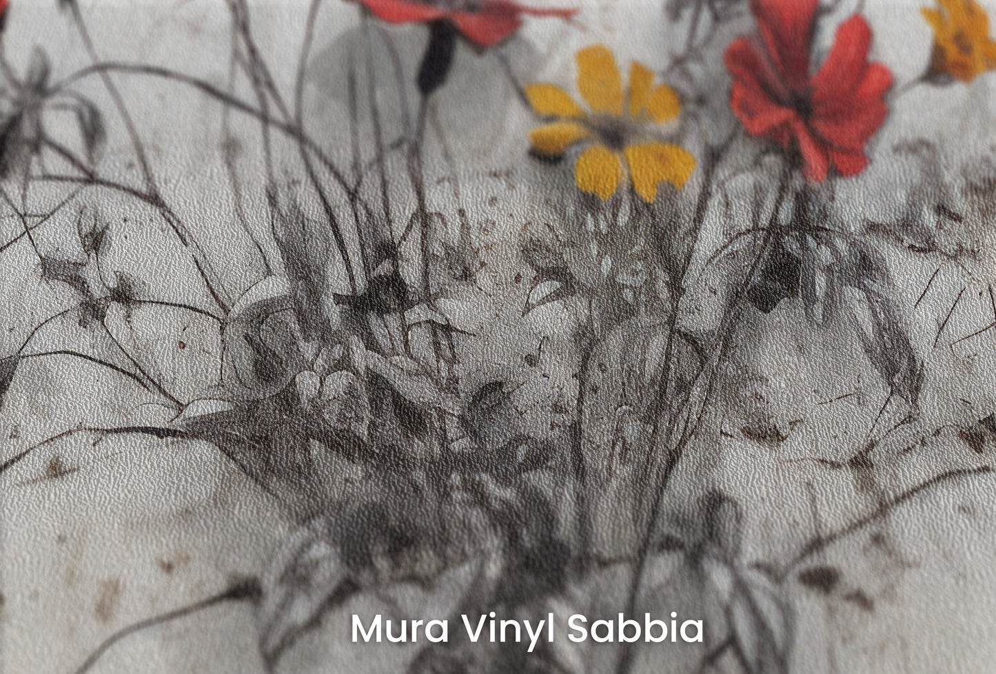 Zbliżenie na artystyczną fototapetę o nazwie WILDFLOWER WATERCOLOR WHIMSY na podłożu Mura Vinyl Sabbia struktura grubego ziarna piasku.