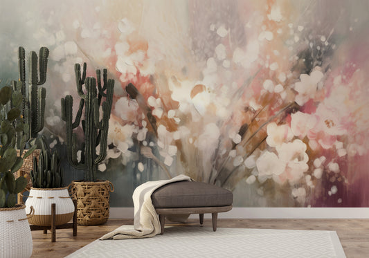 Wzór fototapety artystycznej o nazwie Blossom Softness pokazanej w aranżacji wnętrza.