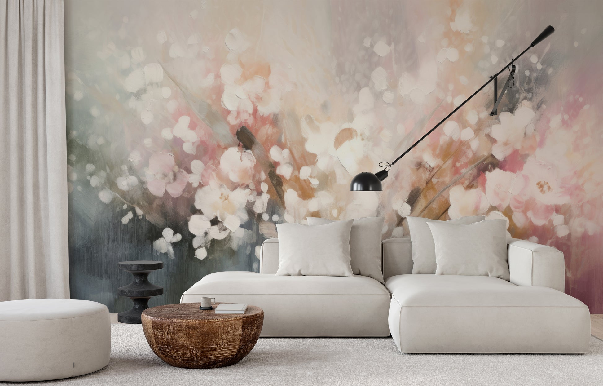Wzór fototapety malowanej o nazwie Blossom Softness pokazanej w aranżacji wnętrza.