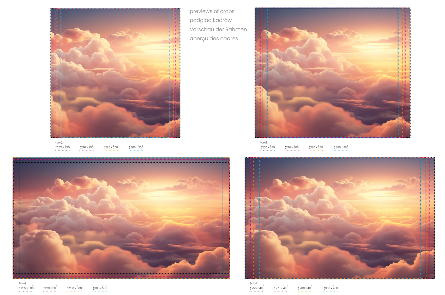 Na obrazie znajduje się prezentacja przykładowych rozmiarów fototapety o nazwie Azure Dream. Rozmiar fototapety jest dowolny.