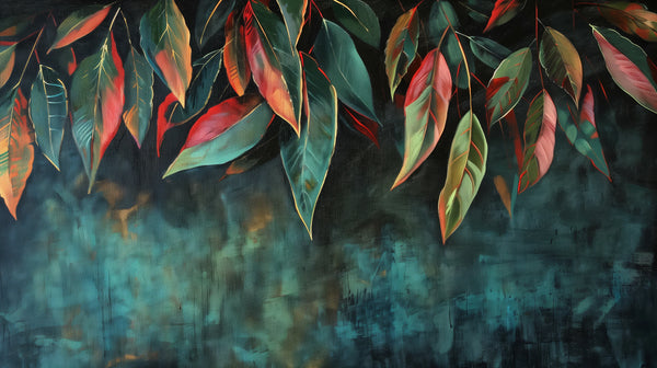 Forêt Enchantée - Papier peint artistique de feuilles dans des teintes sombres avec des accents colorés