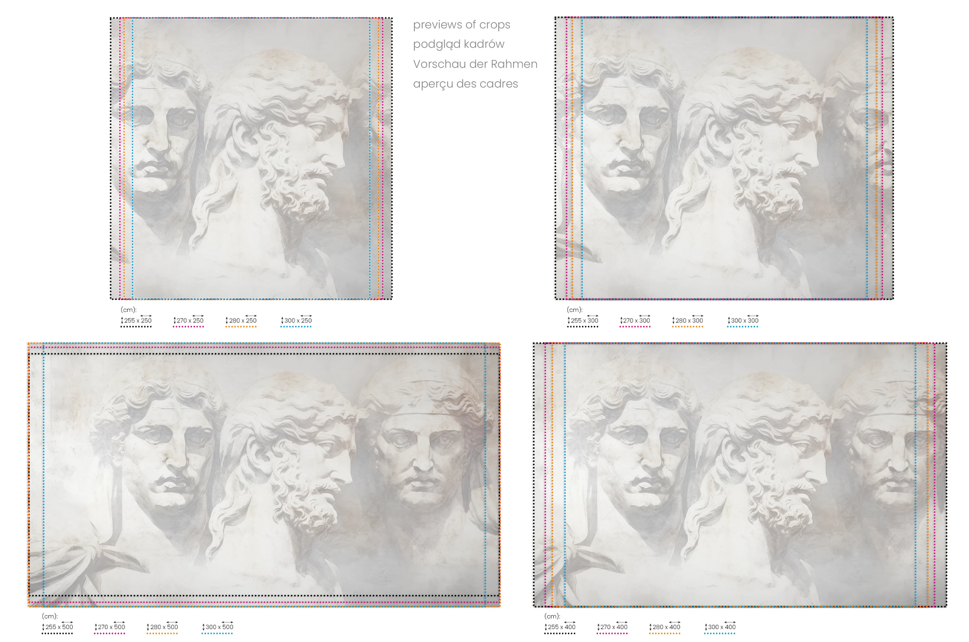 Na obrazie znajduje się prezentacja przykładowych rozmiarów fototapety o nazwie Grecian Serenity. Rozmiar fototapety jest dowolny.