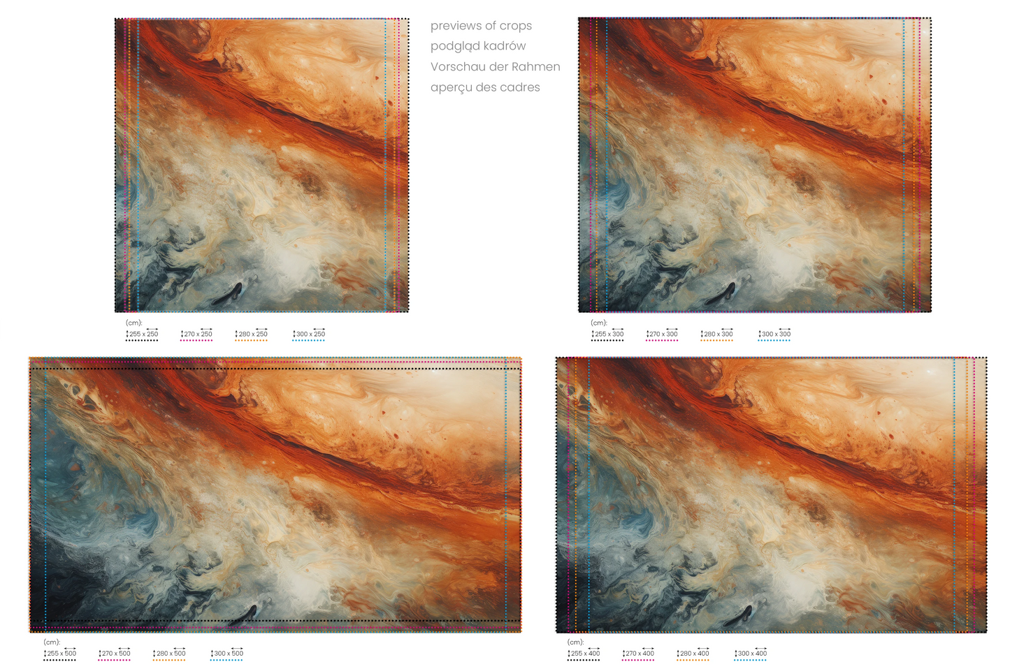 Na obrazie znajduje się prezentacja przykładowych rozmiarów fototapety o nazwie Jupiter's Storm. Rozmiar fototapety jest dowolny.
