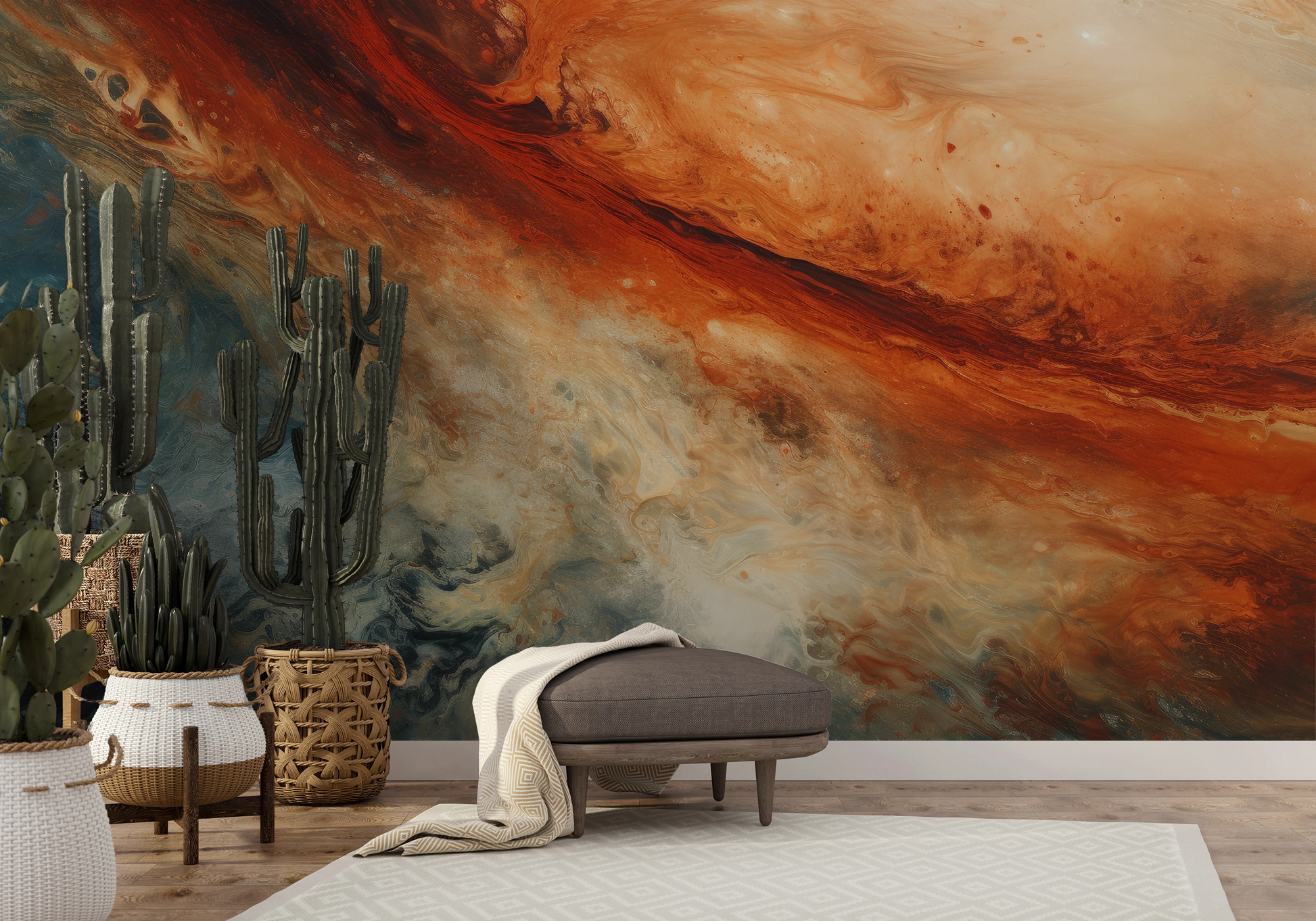 Wzór fototapety artystycznej o nazwie Jupiter's Storm pokazanej w aranżacji wnętrza.