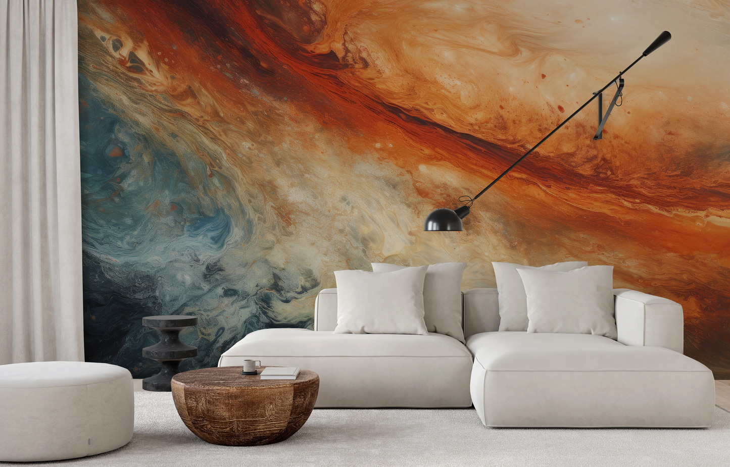 Wzór fototapety artystycznej o nazwie Jupiter's Storm pokazanej w aranżacji wnętrza.