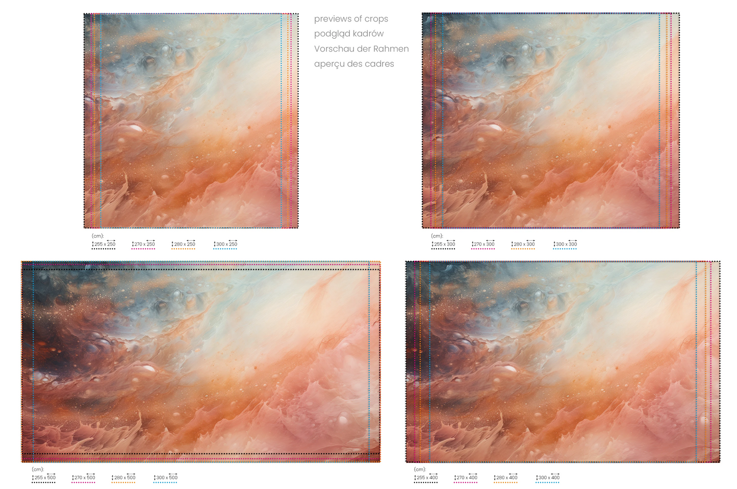 Na obrazie znajduje się prezentacja przykładowych rozmiarów fototapety o nazwie Solar Nebula. Rozmiar fototapety jest dowolny.