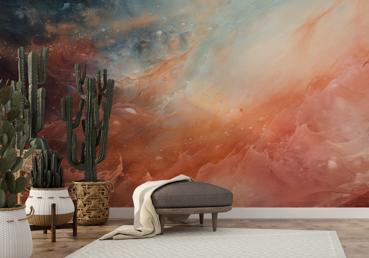 Wzór fototapety malowanej o nazwie Solar Nebula pokazanej w aranżacji wnętrza.