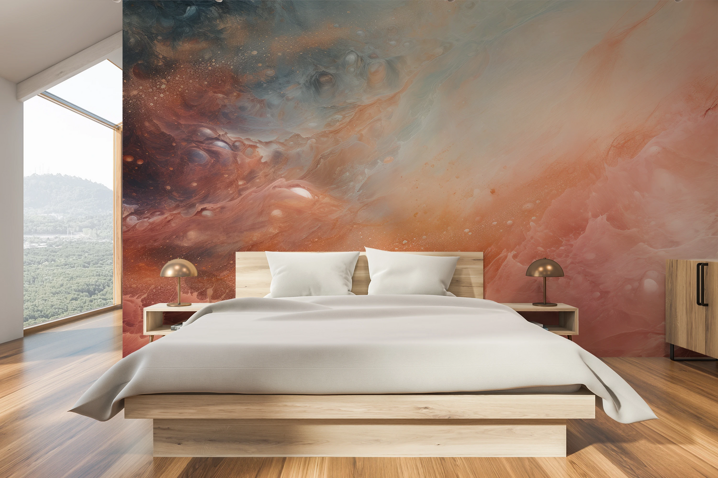 Wzór fototapety artystycznej o nazwie Solar Nebula pokazanej w aranżacji wnętrza.