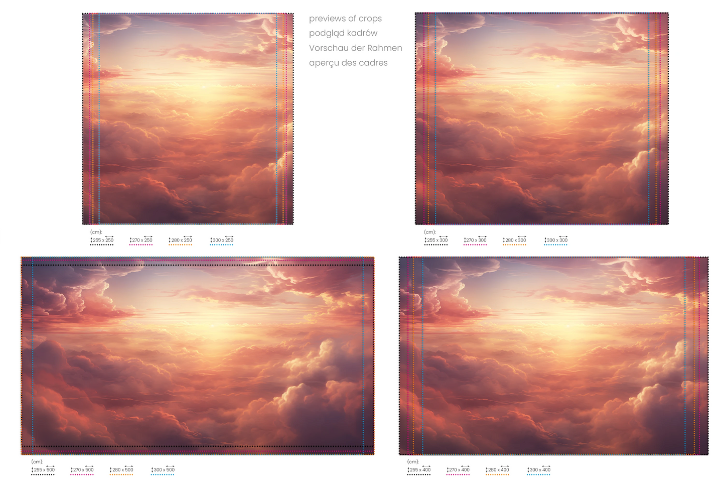 Na obrazie znajduje się prezentacja przykładowych rozmiarów fototapety o nazwie Sunset Symphony. Rozmiar fototapety jest dowolny.