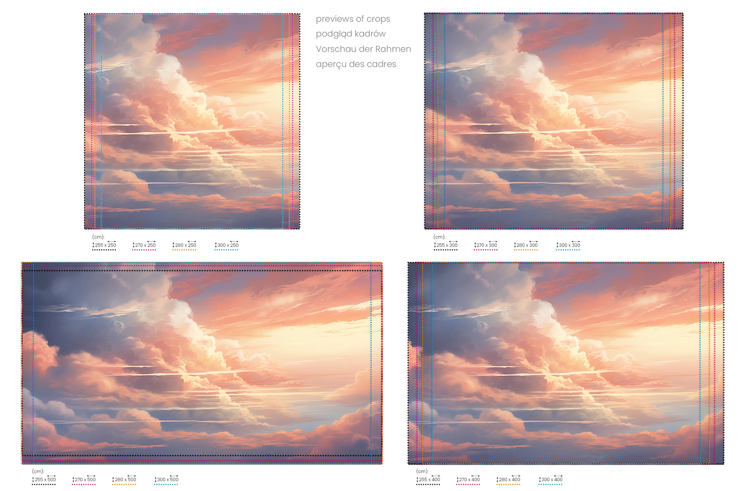 Na obrazie znajduje się prezentacja przykładowych rozmiarów fototapety o nazwie Blush Horizon. Rozmiar fototapety jest dowolny.