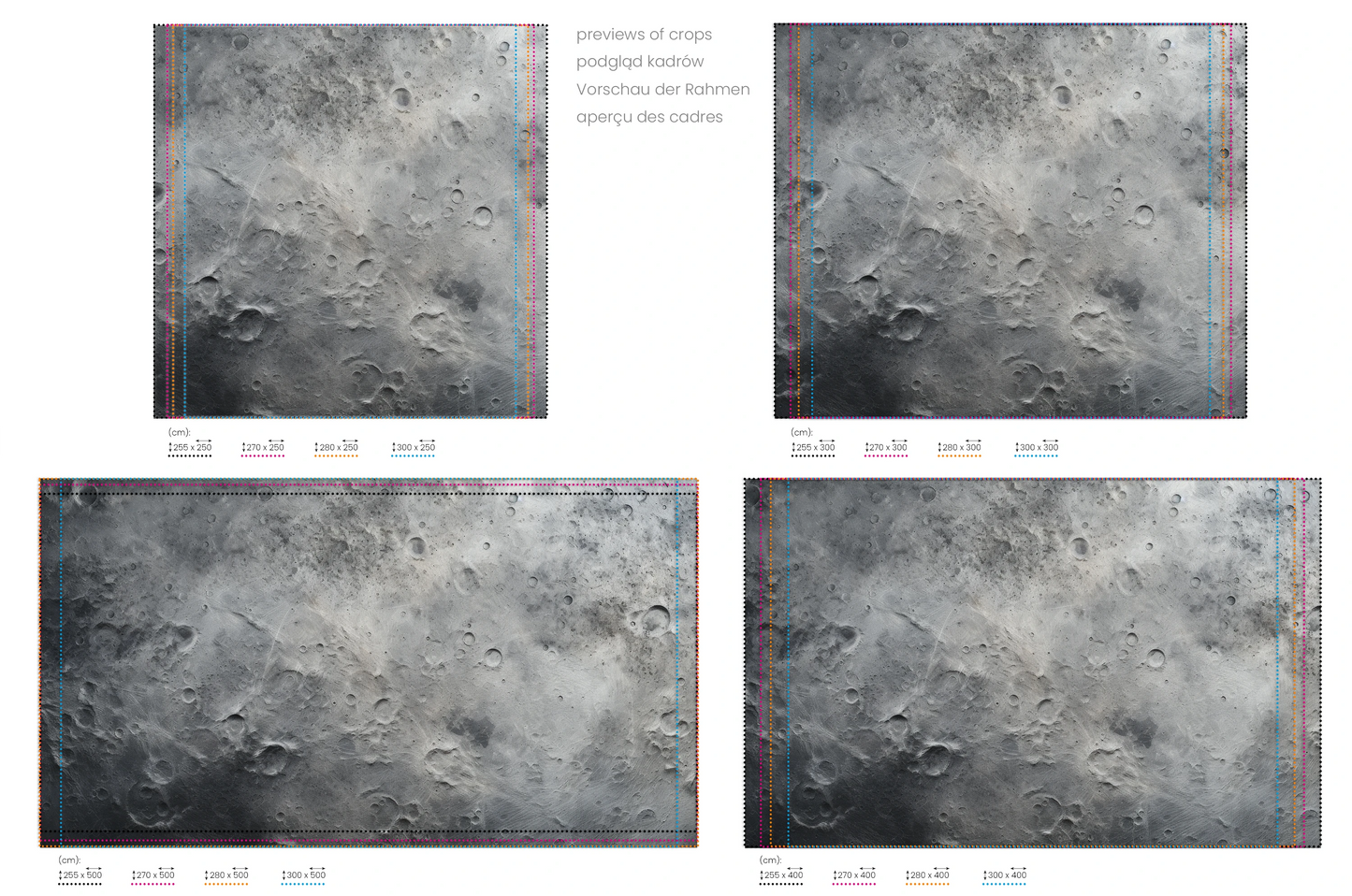 Na obrazie znajduje się prezentacja przykładowych rozmiarów fototapety o nazwie Lunar Craters. Rozmiar fototapety jest dowolny.
