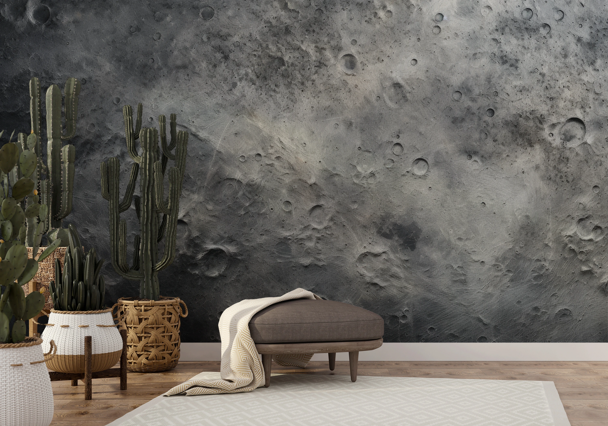 Wzór fototapety artystycznej o nazwie Lunar Craters pokazanej w aranżacji wnętrza.