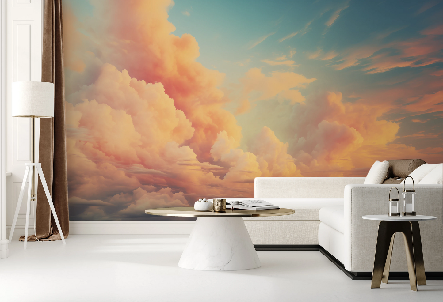 Wzór fototapety malowanej o nazwie Cotton Clouds pokazanej w aranżacji wnętrza.