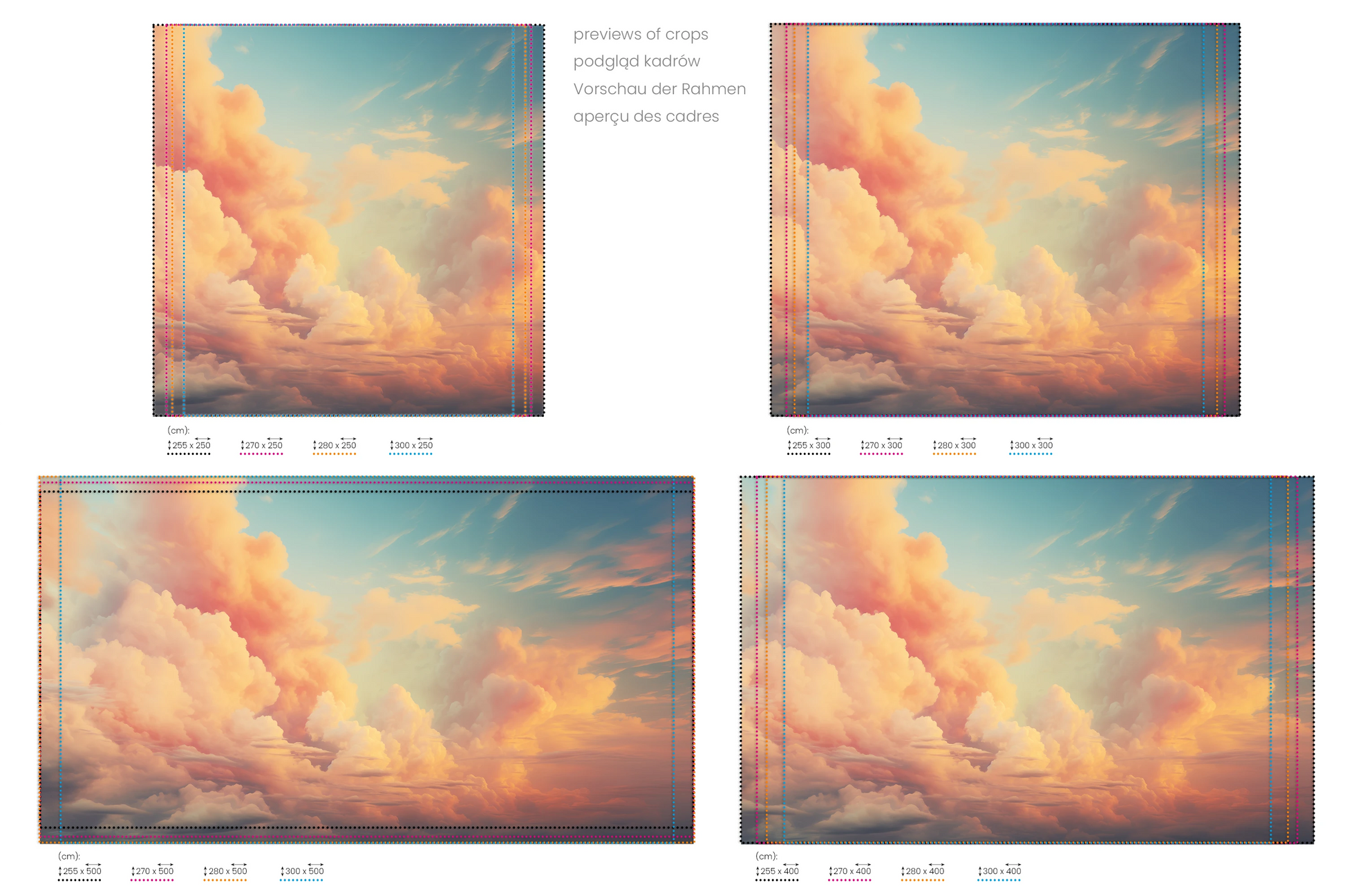 Na obrazie znajduje się prezentacja przykładowych rozmiarów fototapety o nazwie Cotton Clouds. Rozmiar fototapety jest dowolny.