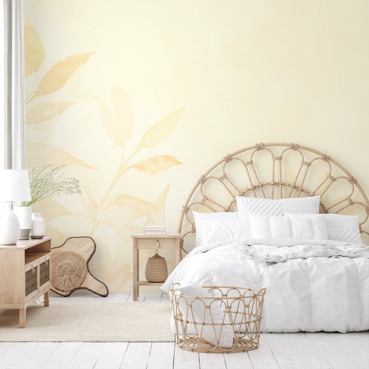 Wzór fototapety artystycznej o nazwie Golden Tranquility pokazanej w aranżacji wnętrza.