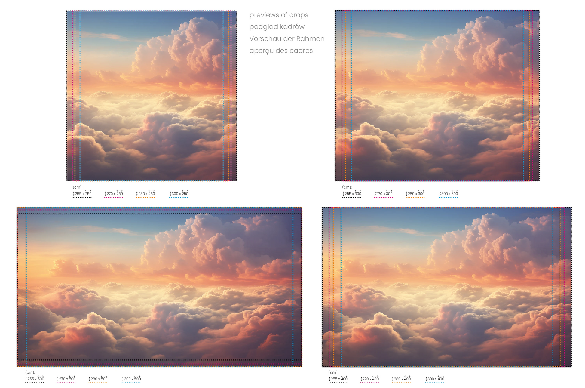 Na obrazie znajduje się prezentacja przykładowych rozmiarów fototapety o nazwie Pastel Skies. Rozmiar fototapety jest dowolny.