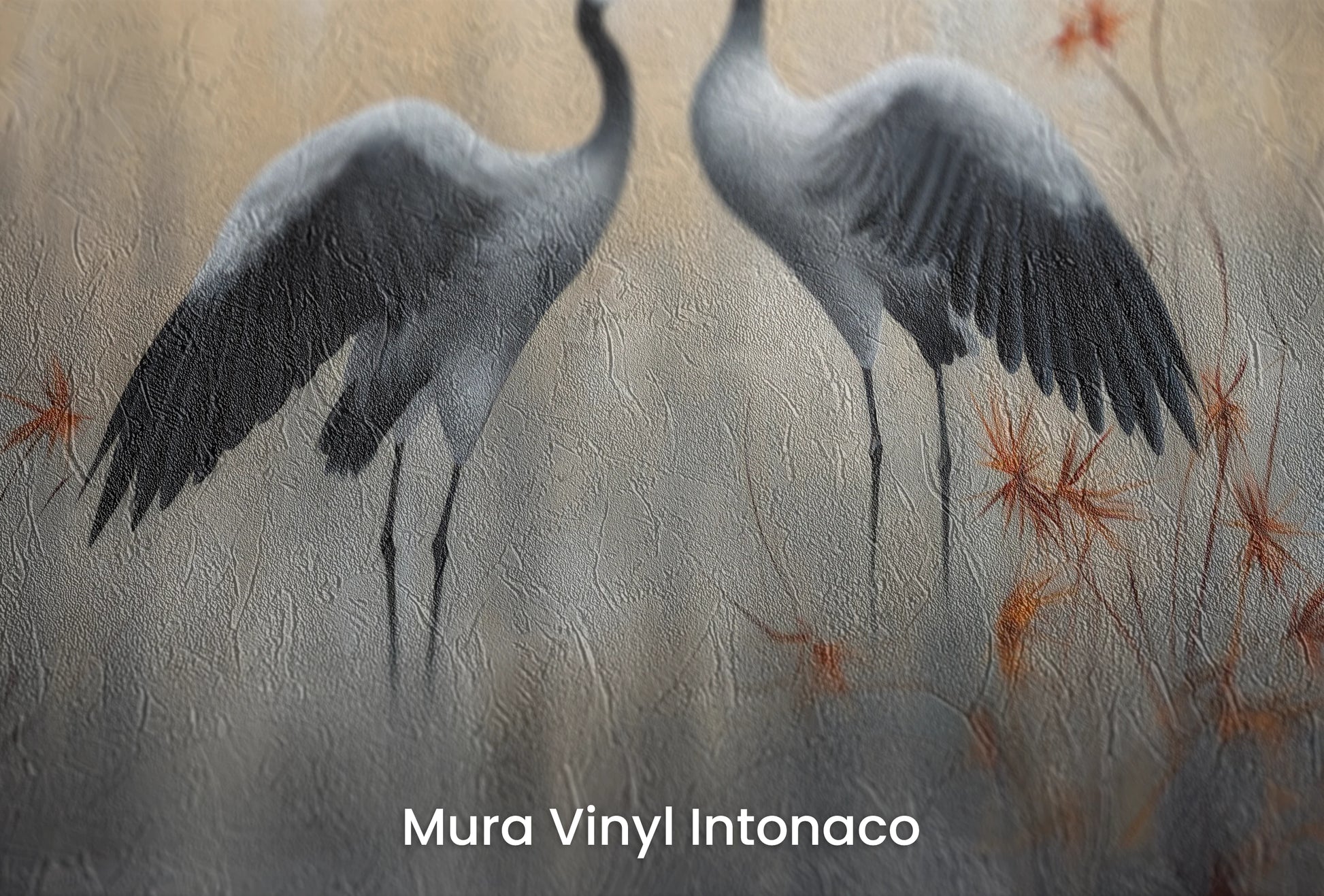 Zbliżenie na artystyczną fototapetę o nazwie Fiery Flight na podłożu Mura Vinyl Intonaco - struktura tartego tynku.