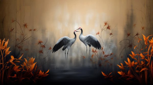 Fiery Flight - majestic wallpaper of cranes in an atmosphere of golden mist
