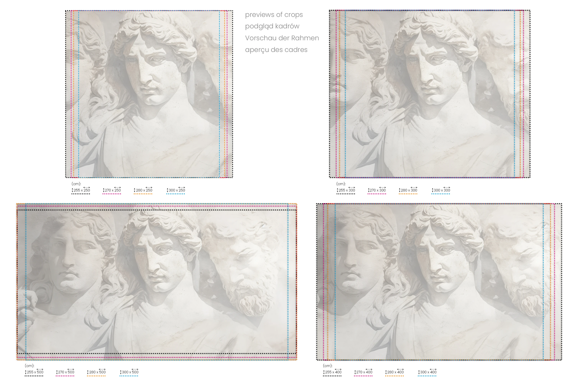 Na obrazie znajduje się prezentacja przykładowych rozmiarów fototapety o nazwie The Elysian Trio. Rozmiar fototapety jest dowolny.