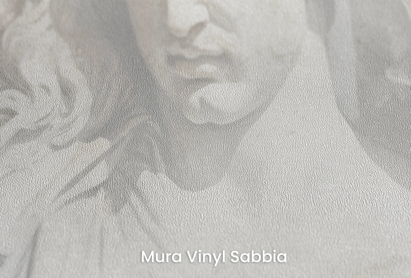 Zbliżenie na artystyczną fototapetę o nazwie The Elysian Trio na podłożu Mura Vinyl Sabbia struktura grubego ziarna piasku.